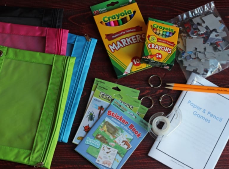 Life as Mom busy bag contents